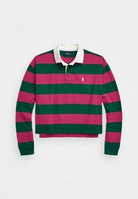Langärmliges Polohemd mit horizontalen Streifen in Dunkelgrün und Pink. Weißer Kragen und kleines gesticktes Logo auf der Brust.