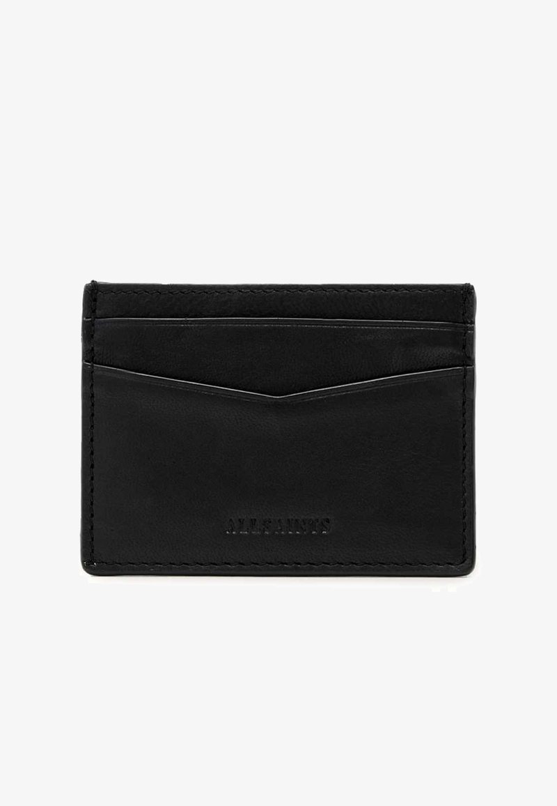 Sort slank læderkortholder med fire kortholdere og præget mærkenavn på forsiden.