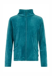 Teal fleecejack met een hoge kraag, ritssluiting en een gestructureerd patroon. Voorzien van twee zijzakken en een gladde, zachte afwerking.