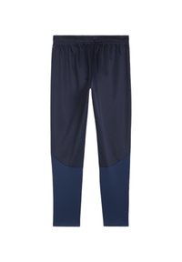 Marineblaue Sportleggings aus glattem, elastischem Stoff. Mit einem elastischen Bund und einem farblich abgestimmten Design an den Unterschenkeln.