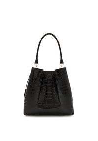 Sort håndtaske med krokodillepræg, struktureret form, forlænget håndtag og guldfarvet hardware. Har en central folderdetalje.