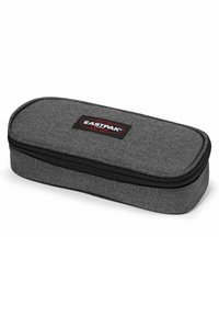 Trousse grise avec un extérieur en tissu texturé, de forme rectangulaire arrondie, fermeture à glissière noire et logo Eastpak à l'avant.