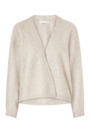 Hellbeige gestrickter Cardigan mit Wickeldesign, langen Ärmeln und geripptem Saum. Weiche Textur mit leicht meliertem Muster.