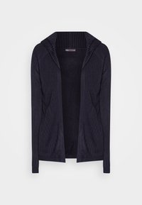 Námořnicky modrý žebrovaný kardigan s texturovaným vzorem, otevřeným předním dílem a kapucí. Dlouhé rukávy zakončené žebrovanými manžetami. Měkký, lehký materiál.