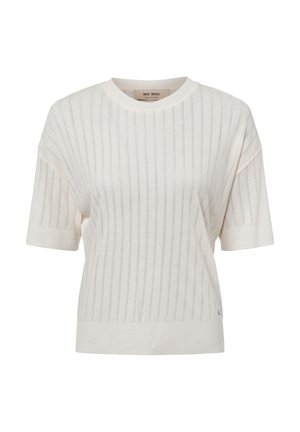 Biały krótki sweter z krótkim rękawem o pionowej prążkowanej fakturze i okrągłym dekolcie. Posiada prosty krój z subtelnym akcentem logo na brzegu.