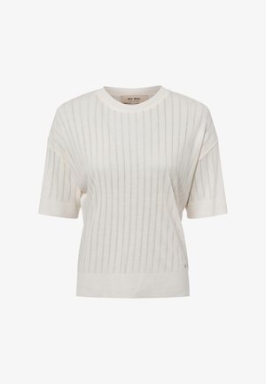Biały krótki sweter z krótkim rękawem o pionowej prążkowanej fakturze i okrągłym dekolcie. Posiada prosty krój z subtelnym akcentem logo na brzegu.