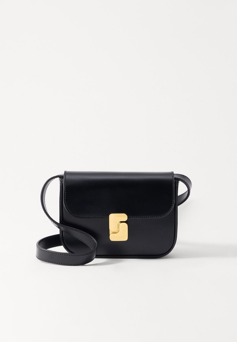 Black leather crossbody bag with a rectangular shape, featuring a gold-tone clasp and a single adjustable strap. Smooth texture, minimal design.