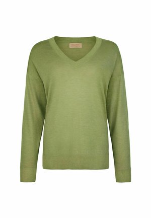 Hellgrüner, langärmeliger V-Ausschnitt-Strickpullover mit gerippten Bündchen und Saum, vor weißem Hintergrund dargestellt.