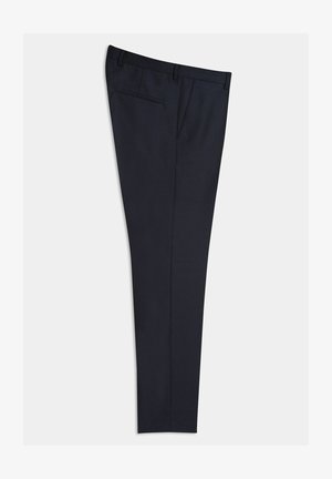 Marineblaue, maßgeschneiderte Hose aus einem glatten Stoff, mit flachem Bund, Seitentaschen und einer einzelnen Gesäßtasche. Gerade Schnittform.