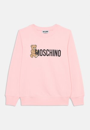 Rosa Sweatshirt mit einem Teddybär-Graphic und "MOSCHINO"-Text in Schwarz. Weicher Stoff mit geripptem Kragen und Bündchen. Klassische Passform.