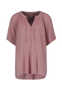 Rosa, kurzärmlige Bluse mit V-Ausschnitt, gerafften Details an den Schultern und lockerer Passform, aus leichtem, strukturiertem Stoff gefertigt.