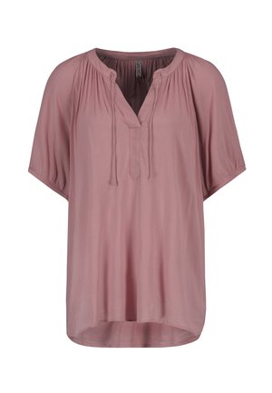 Rosa, kurzärmlige Bluse mit V-Ausschnitt, gerafften Details an den Schultern und lockerer Passform, aus leichtem, strukturiertem Stoff gefertigt.