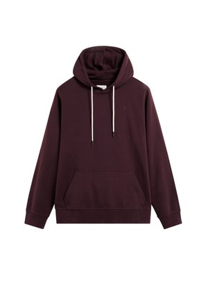 Sudadera de algodón color grená con un bolsillo canguro, cordones y puños acanalados. Presenta un pequeño logo en el frente y una textura suave.