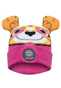 Gorro de lana con una base rosa, que presenta la cara de un animal de dibujos animados sonriente, orejas naranjas y un parche circular de "PAW Patrol" en el borde.