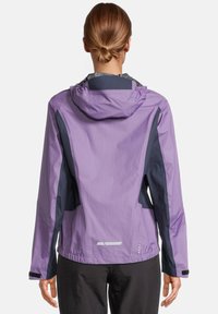 Lightweight, purple waterproof jacket with black accents, a hood, and reflective details. Features a breathable design and adjustable cuffs.