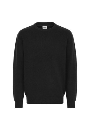 Fekete kötött pulóver kerek nyakkal, hosszú ujjakkal, bordás mandzsettával és aljjal. Puha anyagból készült, sima textúrával.