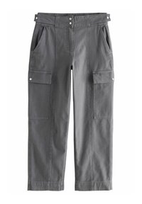 Gray cargo pants made of cotton, featuring a wide-leg design, two front pockets, and two side cargo pockets with snap closures.