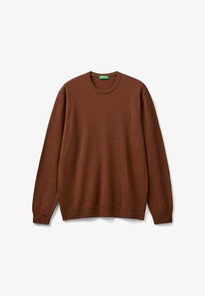 Suéter marrón de cuello redondo fabricado en un tejido suave, con mangas largas y puños y bajo acanalados. Diseño sencillo sin patrones ni acentos visibles.