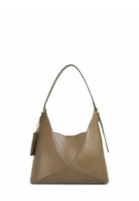 Olive green leather handbag with a structured triangular shape, curved handle, and a small tag attached. Features stitched accents.