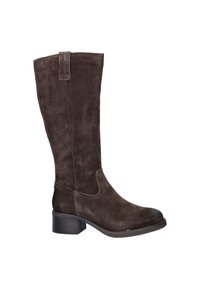 Botte en suede marron hauteur genou avec un bout légèrement arrondi, un petit talon empilé, et des détails de couture sur les côtés.