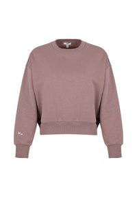 Cropped sweatshirt in light mauve fabric, featuring a round neckline, long sleeves, and ribbed cuffs. White "M" logo on the sleeve.