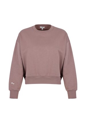 Zugeschnittenes Sweatshirt aus hell-maulbeerenfarbener Baumwolle, mit Rundhalsausschnitt, langen Ärmeln und ribbeligen Bündchen. Weißes "M"-Logo am Ärmel.