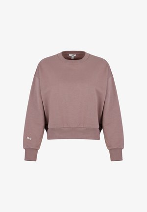 Cropped sweatshirt in light mauve fabric, featuring a round neckline, long sleeves, and ribbed cuffs. White "M" logo on the sleeve.