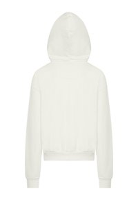 White hooded sweatshirt with long sleeves, ribbed cuffs and hem, made of soft cotton fabric, featuring a minimalist design and no visible logos.