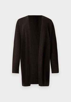 Mørkebrune åpne cardigans laget av et mykt, teksturert stoff. Har lange ermer og en avslappet, oversized silhuett.