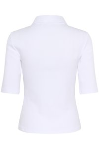 Λευκό πόλο πουκάμισο, με κοντά μανίκια, υφή με ραβδώσεις, κλασικό γιακά, εφαρμοστό σχέδιο, χωρί ς ορατά μοτίβα ή διακοσμητικά στο πίσω μέρος.