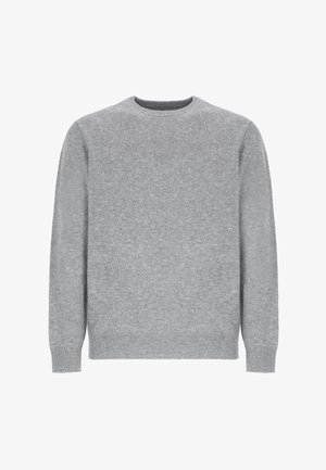 Maglione grigio realizzato in morbido tessuto a maglia, con scollo rotondo, maniche lunghe e polsini e orlo a costine. Senza motivi o decorazioni.