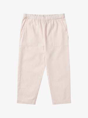 Világosrózsaszín és fehér függőleges csíkos, rövidített nadrágok elasztikus derékpánttal és nagy elülső foltzsebekkel.