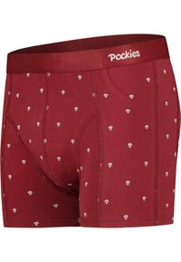 Røde bomuldsboksershorts med et diamantmønster i hvid, elastisk talje og en lomme på siden.