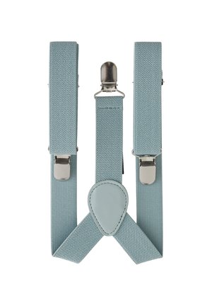 Bretele din material bleu cu cleme metalice argintii și o bucată de piele care conectează bretelele în spate.