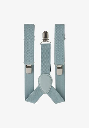 Bretelles en tissu bleu clair avec des clips métalliques argentés et un patch en cuir reliant les sangles à l'arrière.