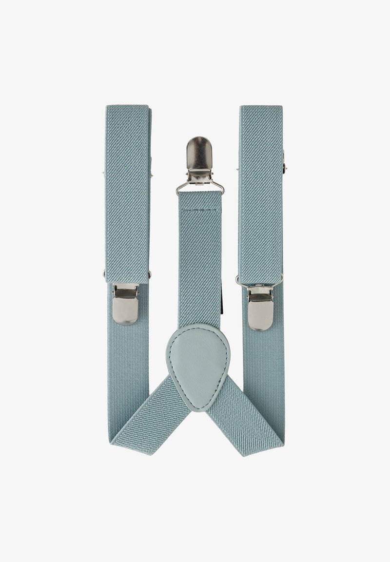 Jasnoniebieskie szelki z tkaniny z srebrnymi metalowymi klipsami i skórzaną naszywką łączącą paski z tyłu.