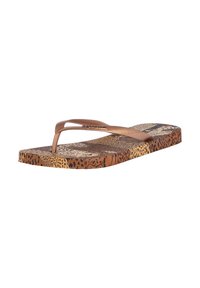 Brown animal print flip-flop with a textured footbed and flexible straps. The sole features a bold leopard pattern.