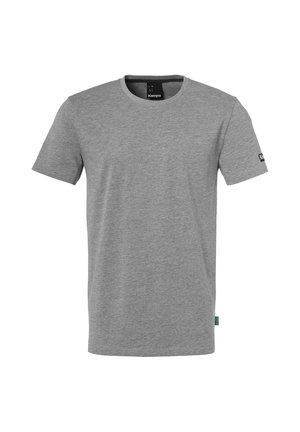 Einfarbiges graues T-Shirt mit kurzen Ärmeln und Rundhalsausschnitt, mit kleinem schwarzem Kempa-Logo am linken Ärmel und nahe am Kragen.
