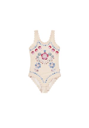 Μαγιό ολόκληρο με scalloped άκρες, κρεμ ύφασμα, λουλουδάτα και θαλάσσια σχέδια σε ροζ, κόκκινο και μπλε. Σχεδίαση με τιράντες για ασφαλή εφαρμογή.