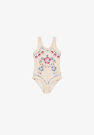 One-piece swimsuit with scalloped edges, cream fabric, floral and shell patterns in pink, red, and blue. Strappy design for secure fit.