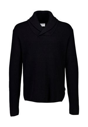 Pull noir à côtes avec un col haut et replié et des manches longues. Présente une coupe ample et des accents sur les côtés. Texture tricotée sur l'ensemble.