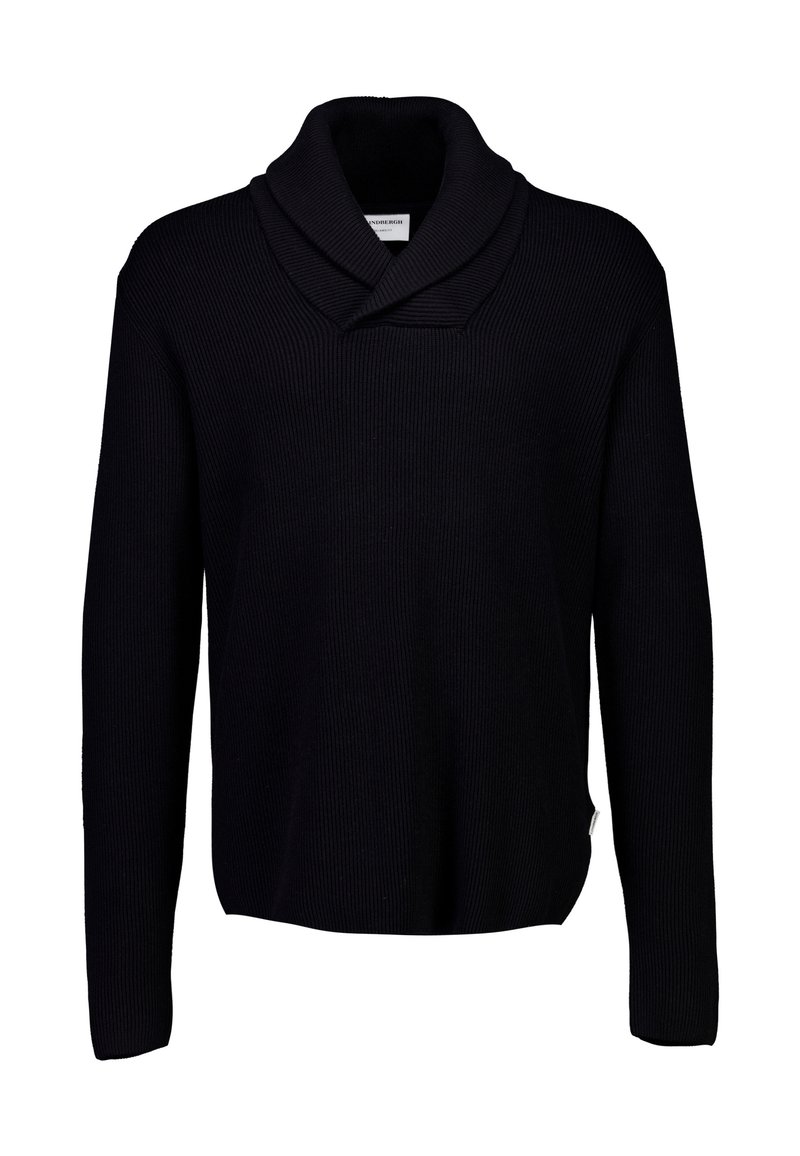 Maglione nero a coste con colletto alto e piegato e maniche lunghe. Presenta una vestibilità ampia e dettagli sul bordo laterale. Tessuto lavorato a maglia su tutta la superficie.