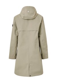 Beige waterdichte jacket met een capuchon, met een achter yoke ontwerp, drukknoopsluiting aan de onderkant en een klein logo op de bovenrug.
