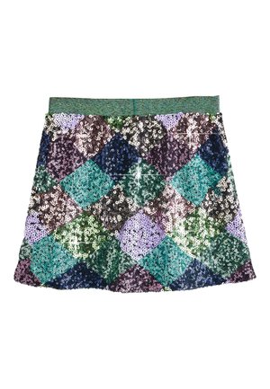 Falda de lentejuelas con un patrón de diamantes en tonos verdes, morados, azules y bronce. Cintura elástica, textura degradada y superficie brillante.