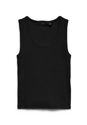 Must triibuline varrukateta tanktop ümar kaelusega, laotatud valgele taustale.