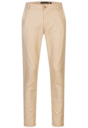 Beige cotton trousers with a straight-leg design, featuring a button closure, belt loops, and a smooth texture. No visible patterns or accents.