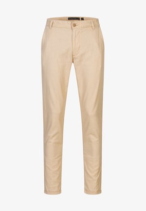 Beige cotton trousers with a straight-leg design, featuring a button closure, belt loops, and a smooth texture. No visible patterns or accents.