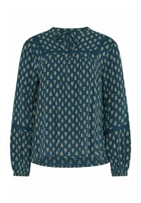 Türkisfarbene, langärmelige Bluse mit kleinem beigem Blumenmuster, gerafften Details und Bindverschluss am Rundhalsausschnitt.