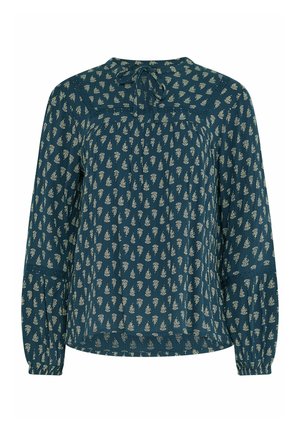 Blågrøn bluse med lange ærmer, små beige blomsterprint, rynkede detaljer og bindebånd ved rund halsudskæring.