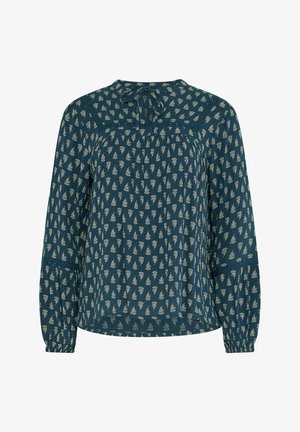 Türkisfarbene, langärmelige Bluse mit kleinem beigem Blumenmuster, gerafften Details und Bindverschluss am Rundhalsausschnitt.